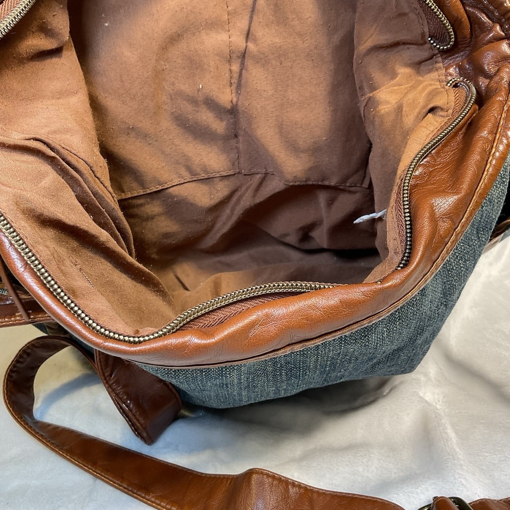 Vintage Denim Messenger Bag Brown Faux Leather Adjustable Strap Pockets 13 X 16 - Picture 6 of 8